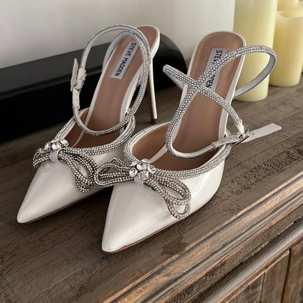 Steve Madden White and Silver Embellished Heels